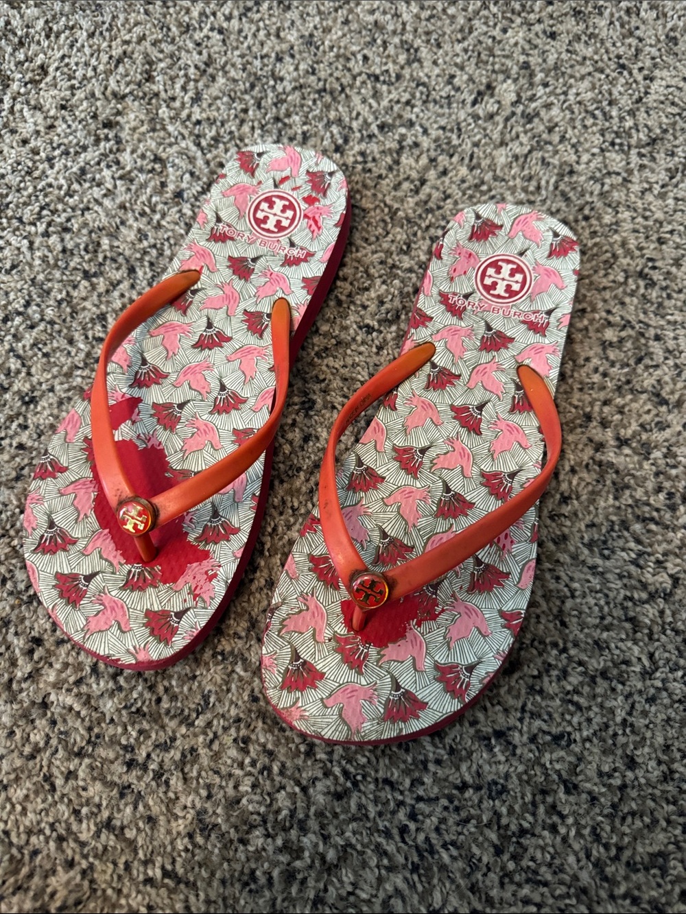 Tory Burch Pink Patterned Flip Flops with Orange Straps